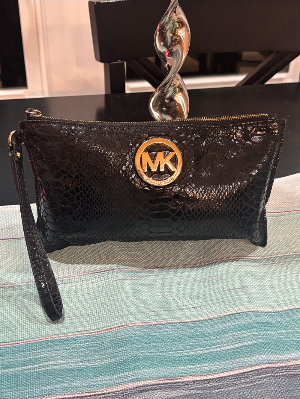 Michael Kors Fulton Black Snake Embossed Patent Wristlet Clutch Gold MK